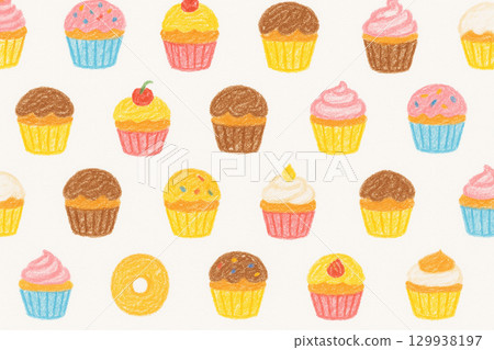 Crayon hand drawn cupcake seamless pattern background 129938197