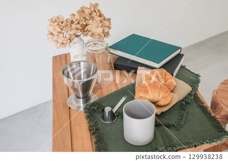 桌上的麵包和咖啡 129938238