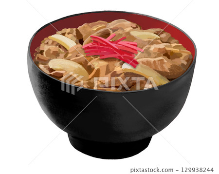 牛肉蓋飯（黑碗和紅碗）配醃薑 129938244