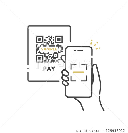 Illustration/icon (vector, line drawing) of scanning a store's QR code and paying with electronic money 129938922