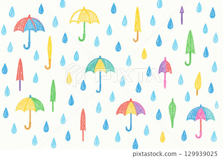 Crayon hand drawn umbrella and raindrops seamless pattern background 129939025