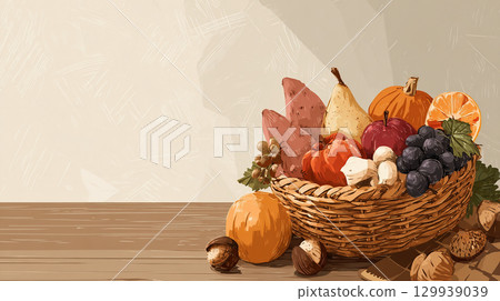 Autumn fruits and vegetables basket illustration 129939039