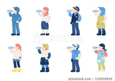 Flat illustration (set) of working people [women] hydrating 129939049