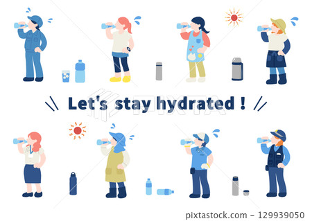 Flat illustrations of hydrating working people [women] and drinks (set) 129939050