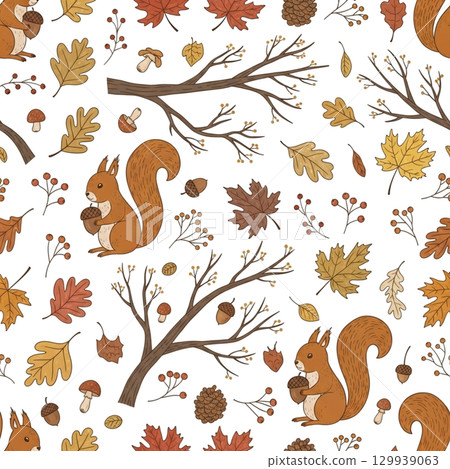 斯堪的納維亞風格的松鼠和橡子森林圖案/圖畫書風格插圖素材 斯堪的納維亞風格的松鼠和橡子森林圖案/圖畫書風格插圖素材 129939063