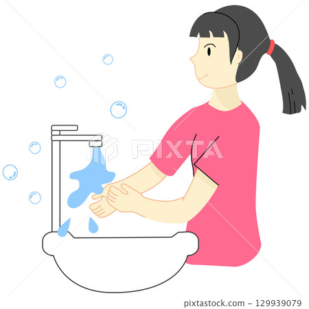 A woman is washing her hands at the sink for good hygiene A woman is washing her hands at the sink for good hygiene 129939079