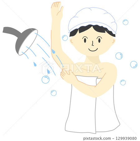 A woman is taking a shower in the bathroom A woman is taking a shower in the bathroom 129939080