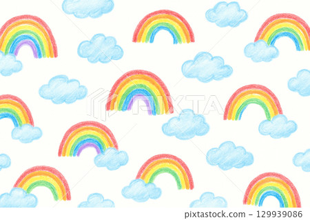 蠟筆手繪彩虹和雲無縫圖案背景 蠟筆手繪彩虹和雲無縫圖案背景 129939086