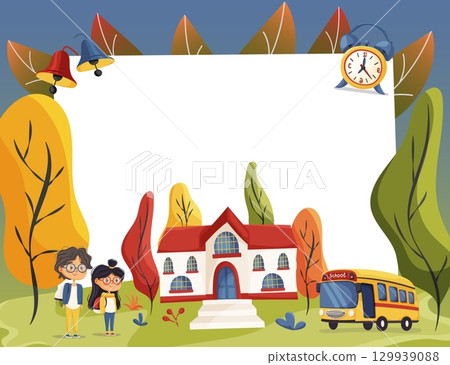 School frame with bus, building and students School frame with bus, building and students 129939088