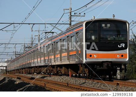 Musashino Line 205 series M64 train running between Minami-Urawa and Higashi-Urawa, fairy tale face Musashino Line 205 series M64 train running between Minami-Urawa and Higashi-Urawa, fairy tale face 129939138