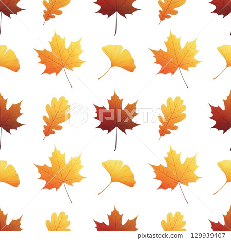 Autumn watercolor pattern with autumn leaves and ginkgo trees / brush-drawn line drawing illustration material 129939407