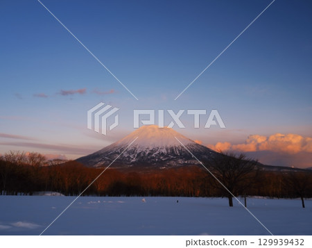北海道新雪谷的冬天:從高橋牧場欣賞夕陽下的羊蹄山 北海道新雪谷的冬天:從高橋牧場欣賞夕陽下的羊蹄山 129939432