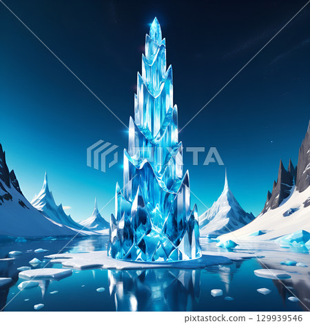 Majestic crystal ice castle emerges from frozen lake surrounded by snow-capped mountains under a clear starry sky 129939546