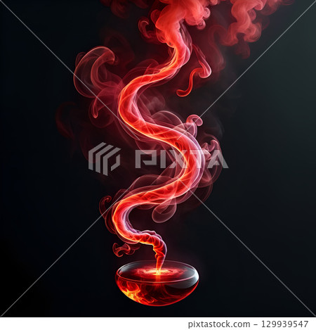 Fiery red smoke elegantly swirls from a glass bowl, creating a dynamic, abstract visual that ignites imagination and passion. 129939547