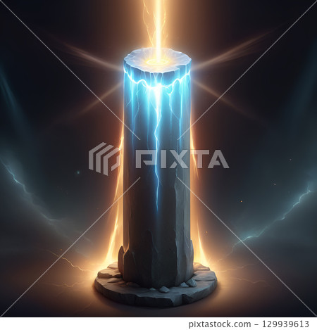 Mysterious ancient monolith pulsing with vibrant blue and golden energy, radiating power and cosmic force in a dramatic dark setting. 129939613