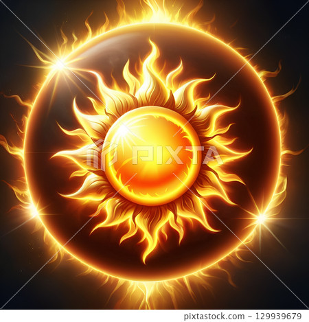 Radiant sunburst in fiery golden hues emanates intense energy and vibrant light, symbolizing power and warmth Radiant sunburst in fiery golden hues emanates intense energy and vibrant light, symbolizing power and warmth 129939679