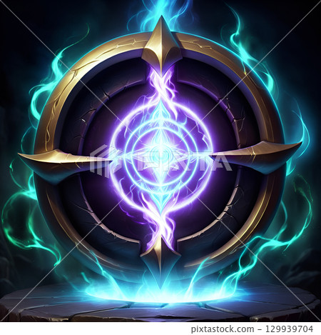 Mysterious glowing portal with electric energy surges and ornate golden frame, symbolizing power and magic. 129939704