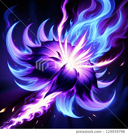 Exploding cosmic flower bursts with vibrant purple and blue energy against a dark, starry background, symbolizing rebirth and power. Exploding cosmic flower bursts with vibrant purple and blue energy against a dark, starry background, symbolizing rebirth and power. 129939796