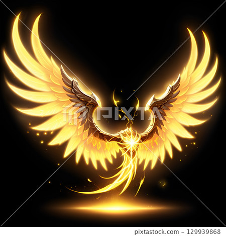Majestic golden phoenix with radiant wings bursts forth from darkness, symbolizing rebirth and power 129939868