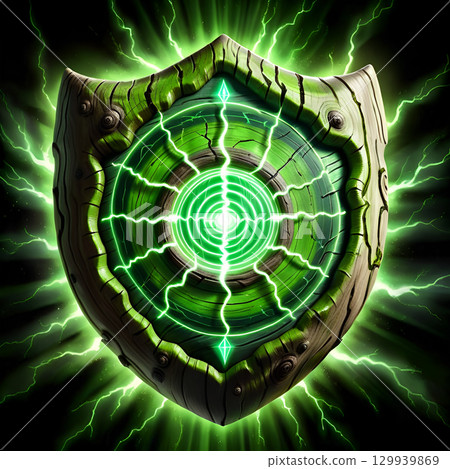 Powerful ancient wooden shield glowing with vibrant green energy and radiating protective power against dark background 129939869