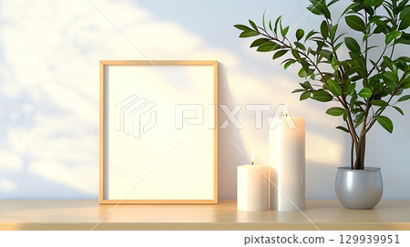 Minimalist Interior with Blank Canvas, Candles, and Potted Plant on Wooden Table Surface 129939951
