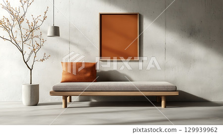 Modern Minimalist Living Room With Stylish Sofa, Wall Art, and Decorative Elements 129939962