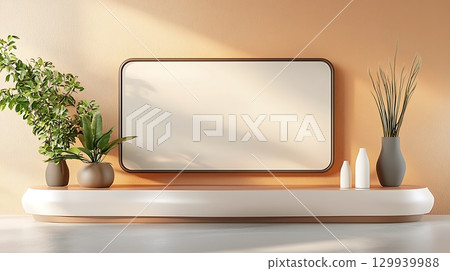 Modern Minimalist Interior Design with Shelves, Plants and Neutral Color Palette 129939988