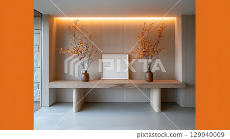 Modern Interior Design with Minimalist Shelving and Elegant Floral Arrangements 129940009