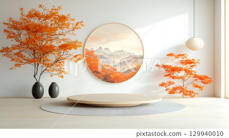 Serene Interior Design Featuring Autumn Foliage With Vibrant Orange Accents and Art Serene Interior Design Featuring Autumn Foliage With Vibrant Orange Accents and Art 129940010