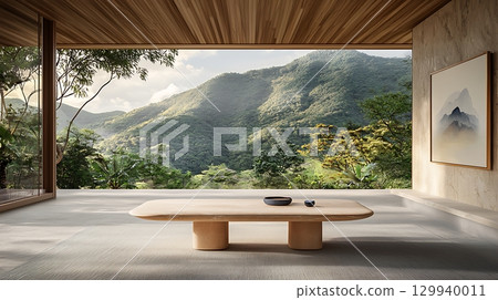 Serene Modern Interior with Expansive Window Overlooking Lush Mountain Landscape Serene Modern Interior with Expansive Window Overlooking Lush Mountain Landscape 129940011