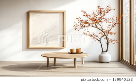 Cozy Minimalist Living Room with Natural Light, Decorative Branch and Blank Frame 129940128