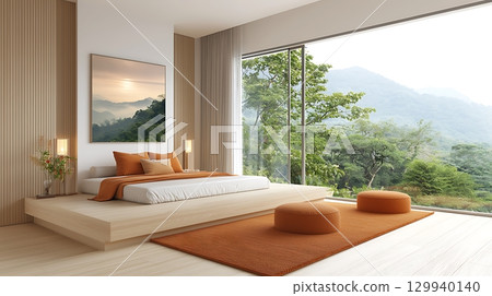 Modern minimalist bedroom design with nature view and warm orange accents for relaxation 129940140