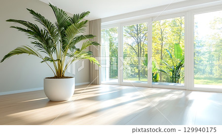 Bright and Airy Living Room with Large Potted Plant and Sunlight Streaming Through Windows 129940175