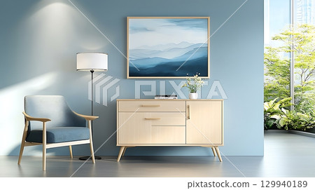 Modern Living Room Interior with Blue Walls, Artistic Mountain Painting, and Minimalist Furniture 129940189