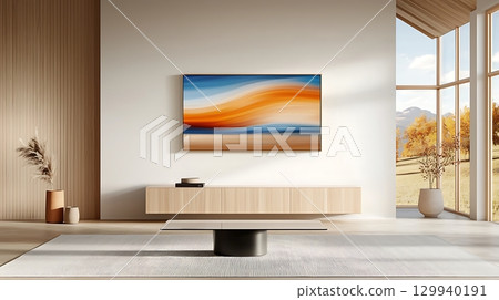 Modern minimalistic living room with abstract wall art and natural light from windows Modern minimalistic living room with abstract wall art and natural light from windows 129940191