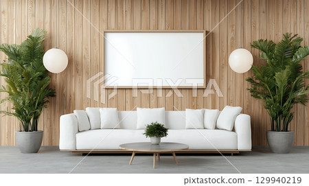 Modern Minimalist Living Room Design with White Sofa and Elegant Indoor Plants Modern Minimalist Living Room Design with White Sofa and Elegant Indoor Plants 129940219