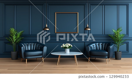 Modern Living Room with Blue Walls and Elegant Furniture Showcase 129940233