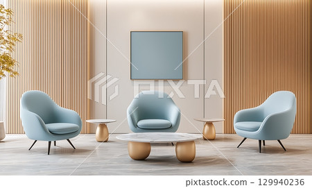 Modern Living Room with Blue Armchairs and Elegant Coffee Table in Minimalist Decor 129940236