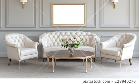 Elegant Living Room with Cream Sofa Set and Stylish Coffee Table in Luxurious Interior Design 129940276