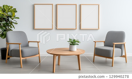 Modern Living Room with Two Armchairs and a Round Coffee Table in Bright Interior Space 129940278
