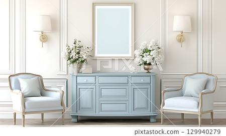 Elegant Living Room with Light Blue Furniture and Floral Decor in Modern Classic Style 129940279