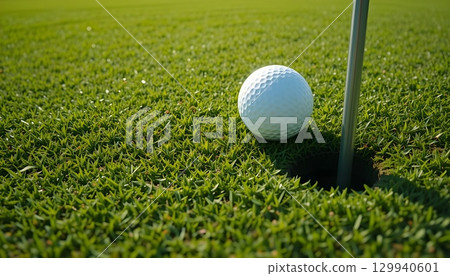 Golf Ball on Green Field at a Distance from Hole | 4K Ultra Realistic Close Up. 129940601
