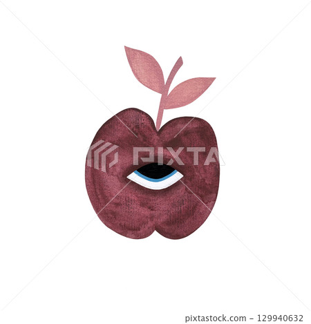 A watercolor illustration of a stylized burgundy apple with an eye and a pink leaf, set against a white background. The design blends surrealism and elegance, perfect for artistic, botanical, or 129940632