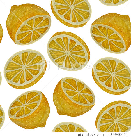 Seamless watercolor pattern featuring lemon halves and slices on a white background. Fresh and vibrant, perfect for summer designs, kitchen textiles, or citrus-themed projects. Hand-painted with Seamless watercolor pattern featuring lemon halves and slices on a white background. Fresh and vibrant, perfect for summer designs, kitchen textiles, or citrus-themed projects. Hand-painted with 129940641
