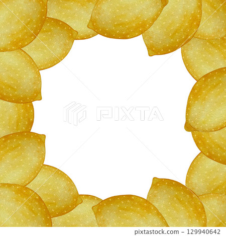 Watercolor illustration of a square, full-bleed frame made of whole yellow lemons on a white background. Zesty and vibrant, perfect for summer invitations, recipe designs, or citrus-themed projects 129940642