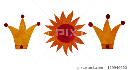 Watercolor illustration combining a red-orange sun disc with fiery flares and yellow-orange crowns with red decor, all against a white background. Energetic and regal, perfect for festive celebrations 129940660