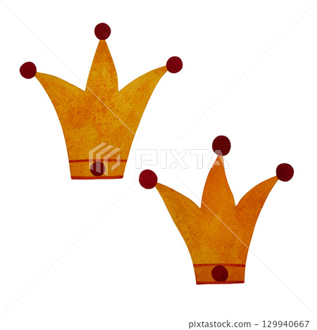Watercolor illustration of yellow-orange crowns with red decorations on a white background. Regal and festive, perfect for celebratory designs, royal themes, or creative projects with a touch of 129940667