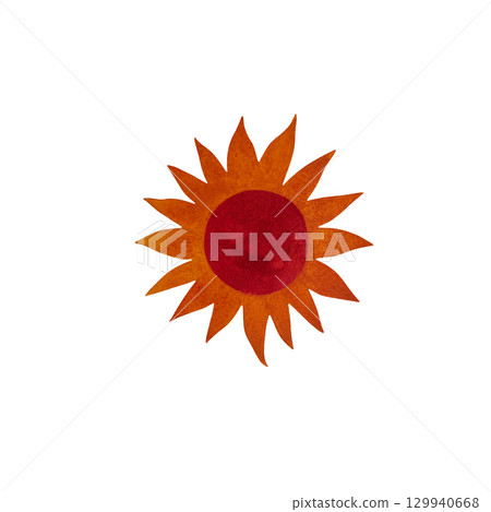 Watercolor illustration of a red-orange sun disc with fiery flares around it on a white background. Energetic and vibrant, perfect for summer designs, astrological themes, and dynamic projects. Hand 129940668