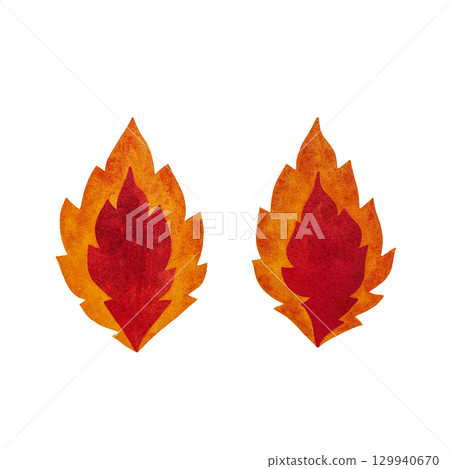 Watercolor illustration of red-orange fiery flames on a white background. Dynamic and intense, perfect for fire-themed designs, abstract art, and passionate projects. Hand-painted with vibrant detail 129940670