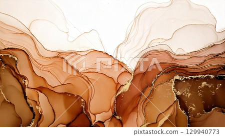 High-quality, thin, and light alcohol ink art in brown, with margins, 16:9 aspect ratio, and AI-generated material. 129940773